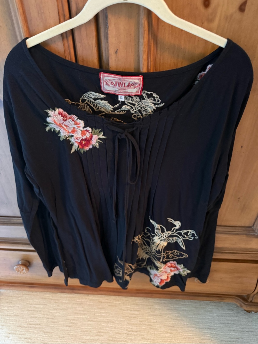 Johnny Was Black Embroidered Floral Tie-Front Tunic